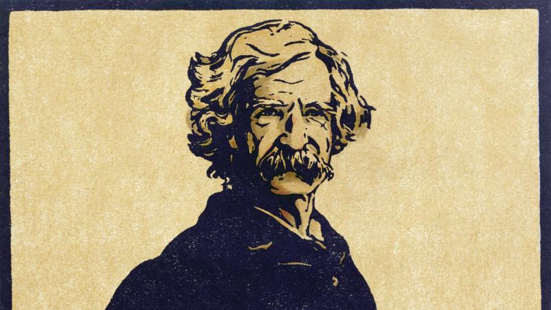 Twain in a dark overcoat, facing sidewards but with face turned toward the viewer, drawn in shades of yellow orange and brown