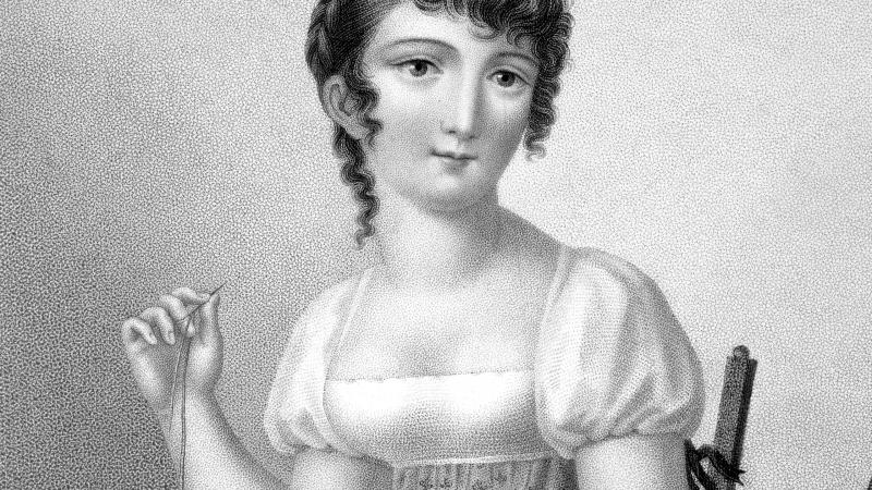 Drawing of a woman in a floral dress with puffed short sleeves, holding a sewing needle in her right hand and a shoe in her left