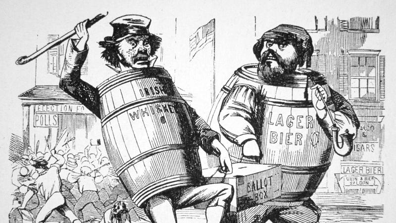 political cartoon of two men wearing barrels