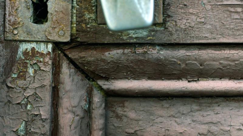 photograph of a wooden door with a bullet hole in it