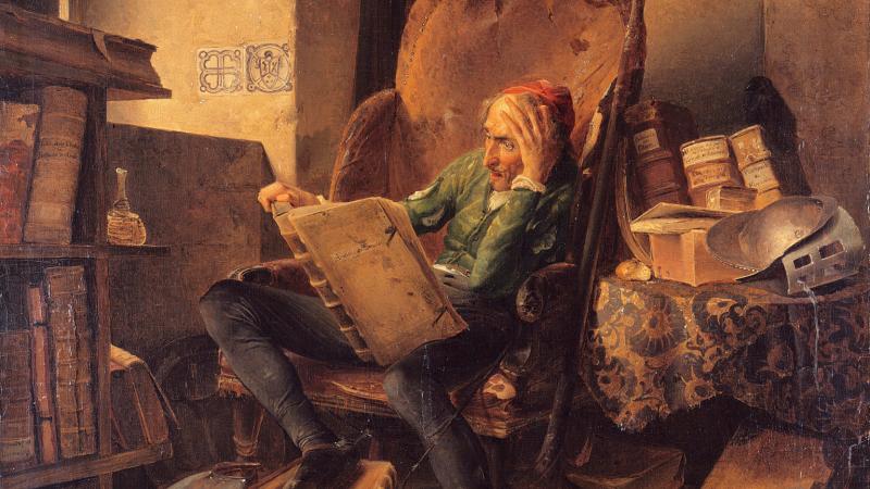 painting of a haggard man sitting in a chair reading a large book, surrounding by more books