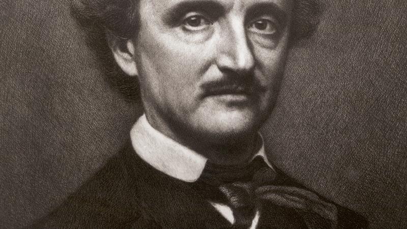 black and white etching portrait of Edgar Allen Poe