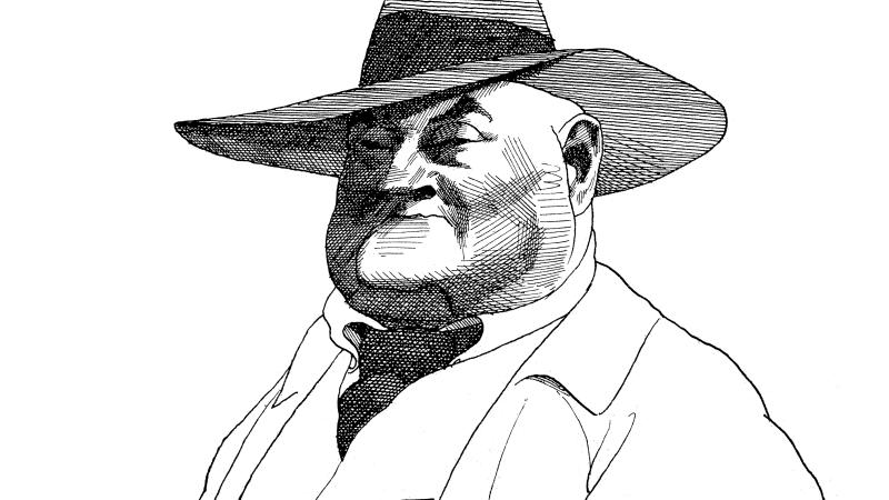 line drawing of a large man in a wide-brimmed hat