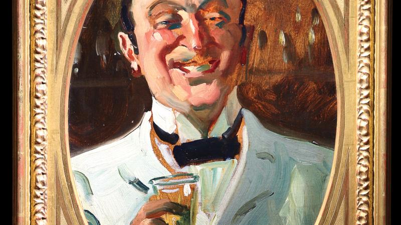 Oil painting in frame of man in white tuxedo