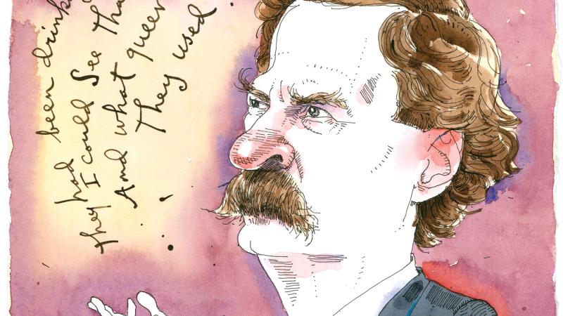 cartoon of Mark Twain standing and giving a toast