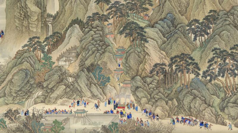 Illustration of green, tree covered mountains, dotted with small temples and houses, with people gathered at the base