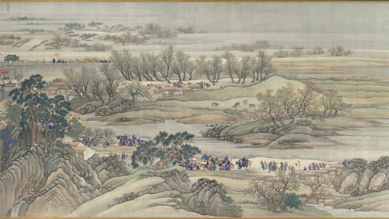Kangxi looks out on the countryside, dotted with trees, bushes, and small wood houses, cut through by a river
