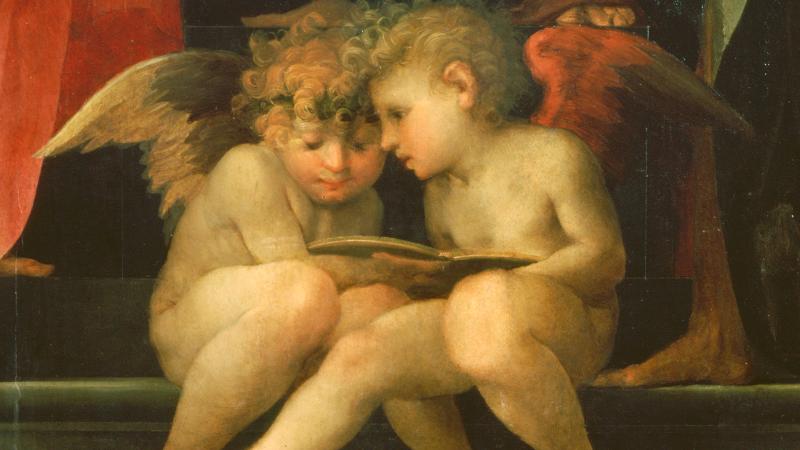 oil painting of two cherubs