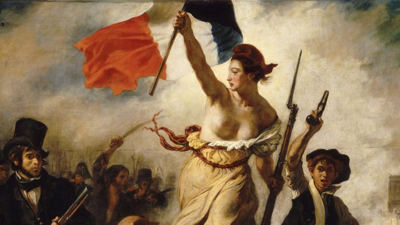 A barebreasted woman wearing a red cap holds the French flag high in one hand and a bayonet in the other while leading a crowd of armed men