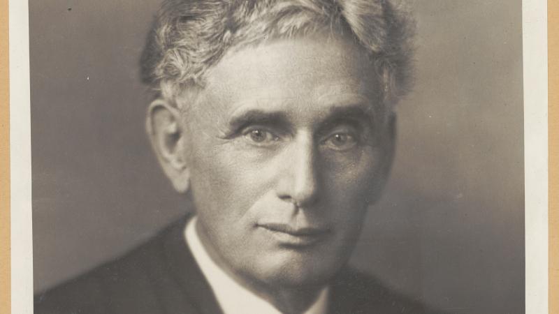 Sketch of Brandeis, in a dark suit, white shirt, and tie, with wavy gray hair