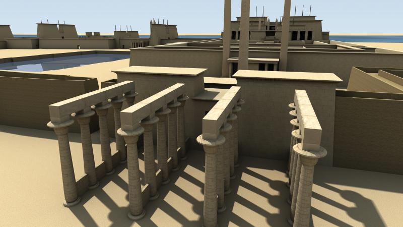 a digital rendering of four rows of stone columns, tall city walls, and a large building complex in the distance
