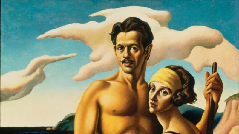 Painting of a shirtless man with a woman in black dress