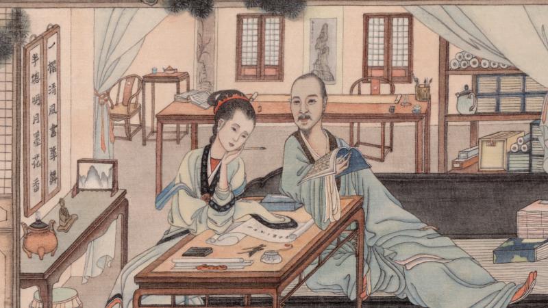 Ink drawing on silk of a man and woman at a table