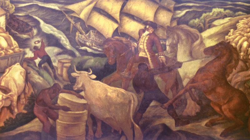 Mural depicting how planters utilized slaves in Rhode Island. Ships, cattle, horses, and bags of what appear to be wheat or sugar can be seen in it.