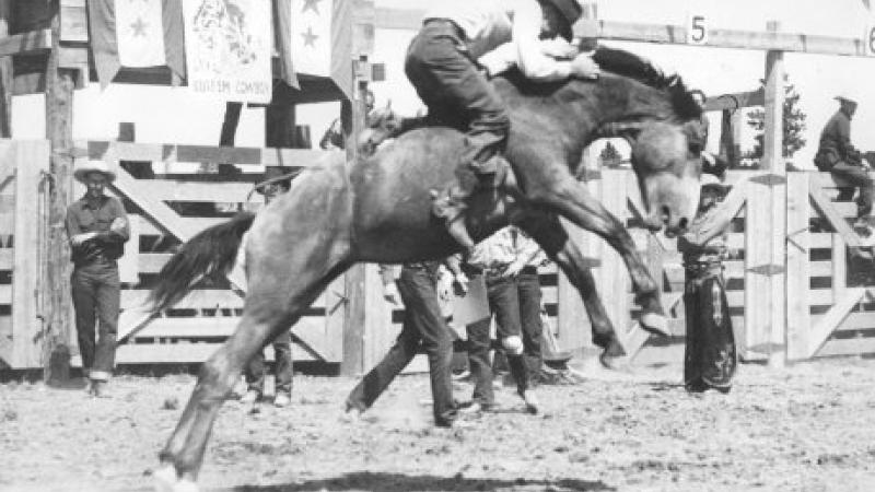 black and white photo of a cowboy on a lively horse