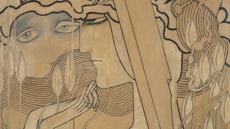 Brown / yellow painting by Jan Theodore Toorop depicting abstract faces.