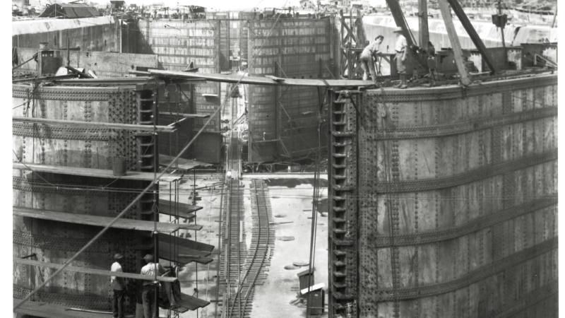 Black and white photo of a water lock being built for the Panama Canal.