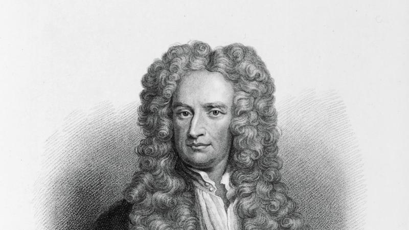 Black and white, drawn portrait of Sir Isaac Newton