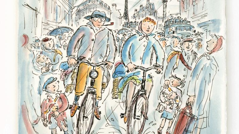 Pastel drawing of a man and a woman riding their bicycles down a crowded Paris street