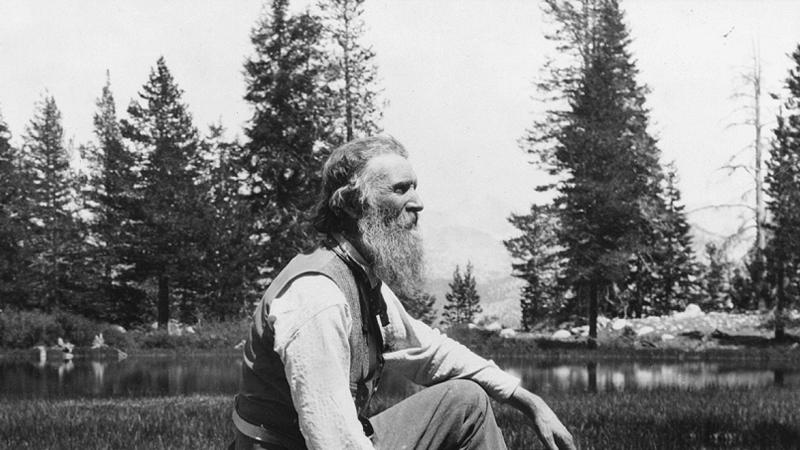 Muir sitting on a rock next to a lake, with a long gray beard, hat resting next to him