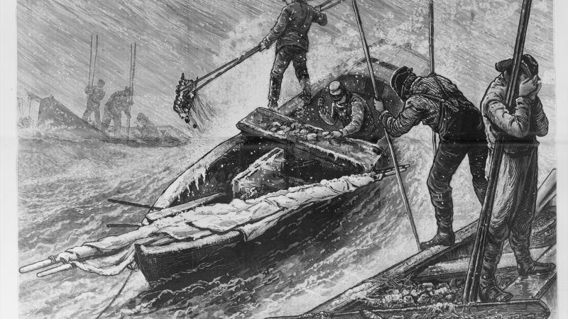 Engraving of men working on an oyster boat in choppy, stormy waters