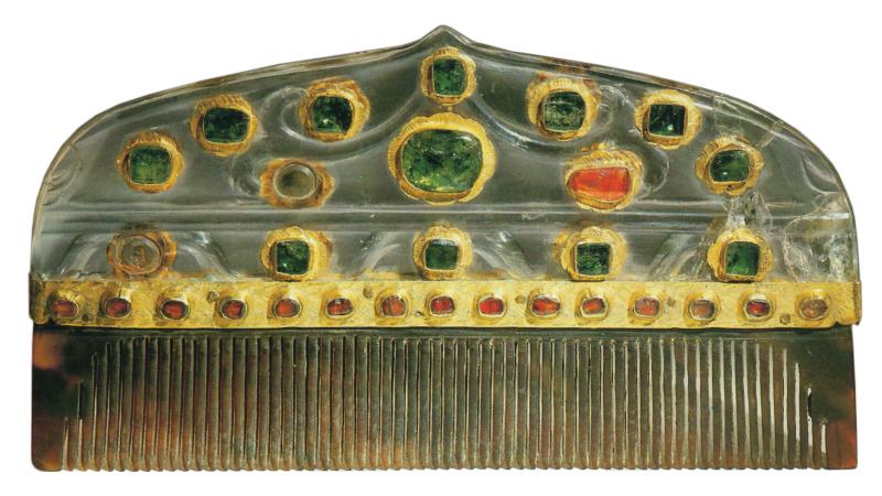 Green tortoiseshell comb encrusted with jewels in gold settings