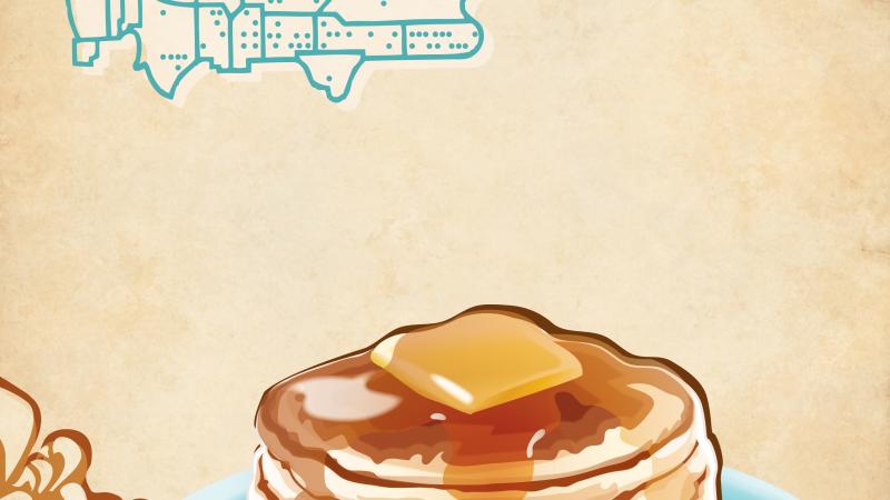 Color poster advertising different types of pancakes, with a stylized image of the United States in the top left corner.