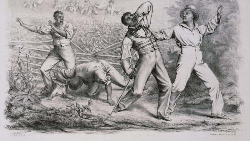 Black and white drawing of slave men being shot at from behind by white landowners.