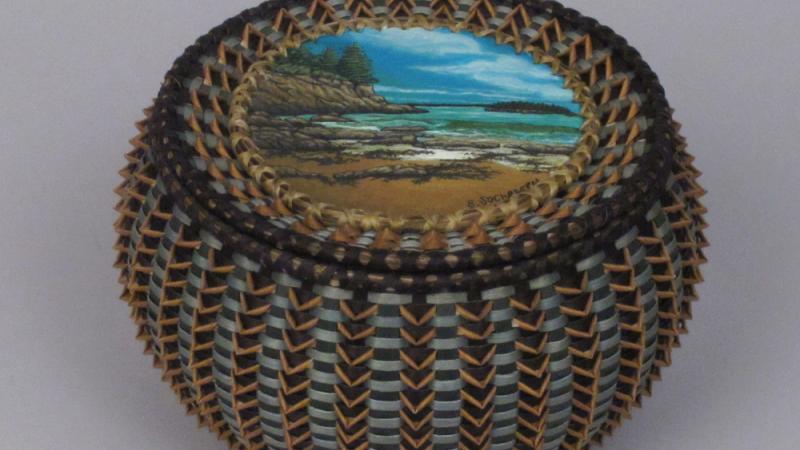 Ash and sweetgrass basket with painted birchbark lid