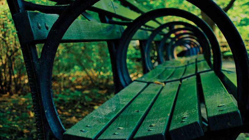 Artistic photo of a bench in Central Park, looking through the armrests.