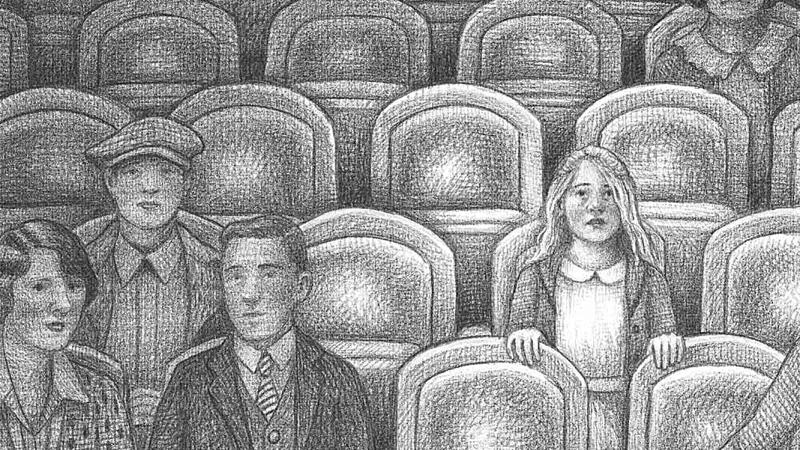 Black and white sketch of a few people sitting in a theater.