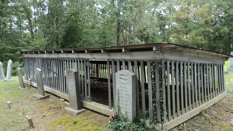 Color photo of a shed containing several graves.