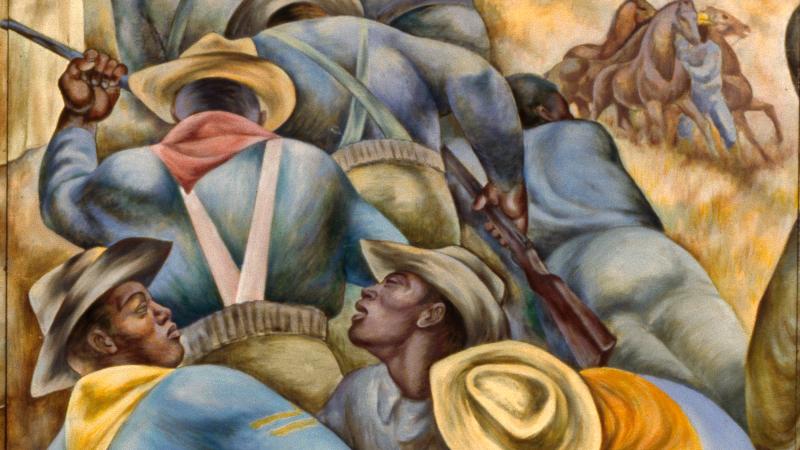 Mural of black soldiers dressed in blue-grey uniforms, fighting.