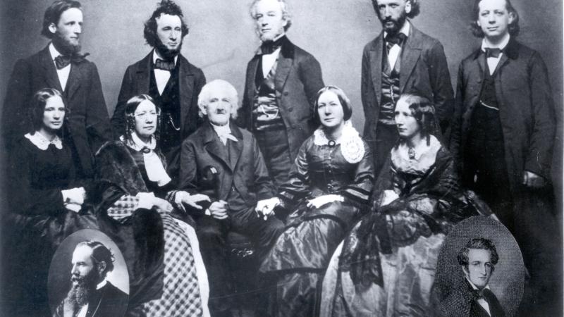 Black and white photo of the entire Beecher family.