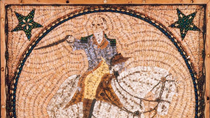 Colorful mosaic of George Washington riding atop a horse, made with bugs.