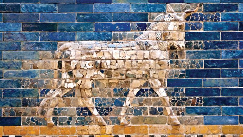 Mosaic of a whitish-brown horse on a deep blue background.