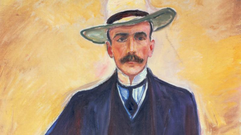 Painting of a man in a blue suit over a colorful background. He wears a hat in the dandy style.
