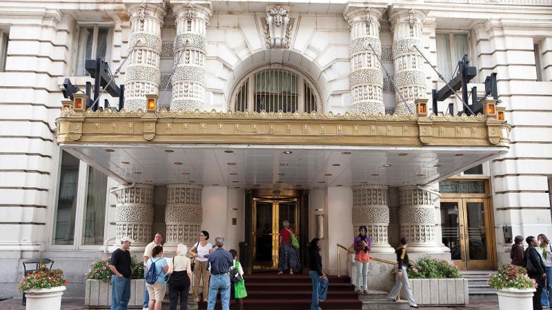 Color photo of the elegant entrance to Baltimore's Belvedere Hotel.