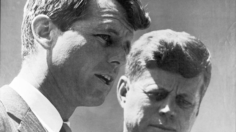 Black and white photo of Attorney General Robert Kennedy and President John F. Kennedy.
