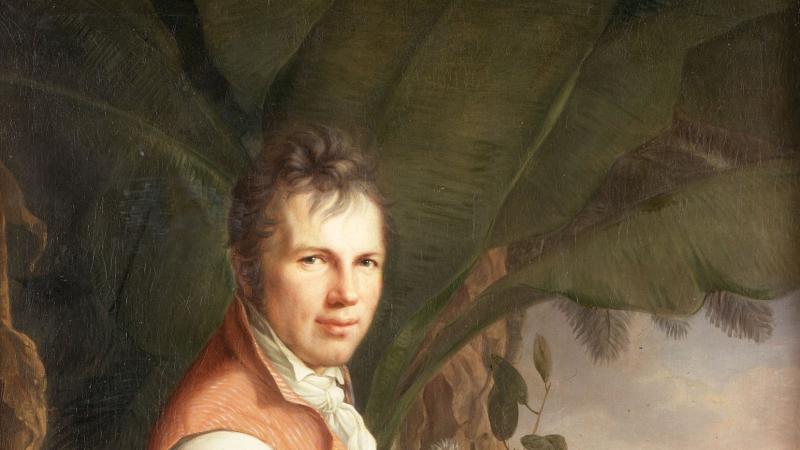 Painting of Alexander von Humboldt holding a large book with Venezuela's Orinoco river in the background.