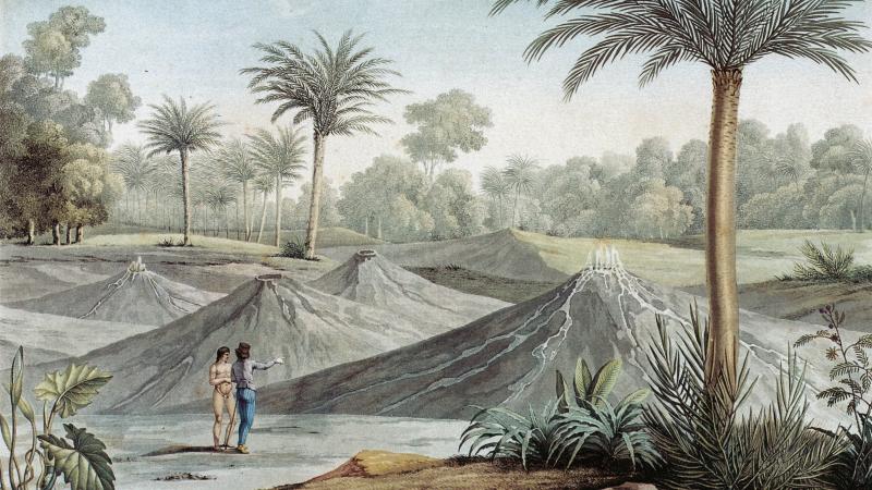 Illustration of two men standing amid a field of volcanoes, gesturing towards each other.