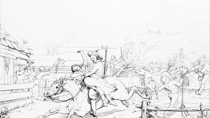 Sketch of horsemen raiding a farm. One of them is carrying off a woman.