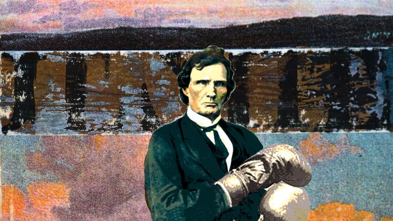 Color stylized photo of Thaddeus Stevens standing and wearing boxing gloves.