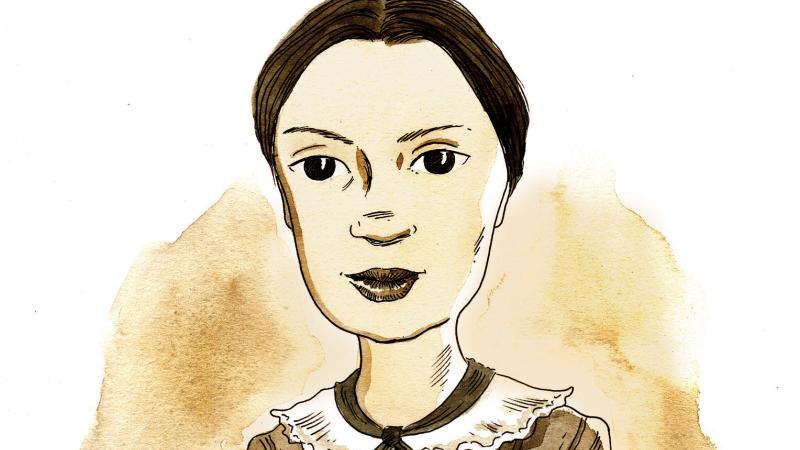 Color illustration of Emily Dickinson sitting with her hands crossed over a book.