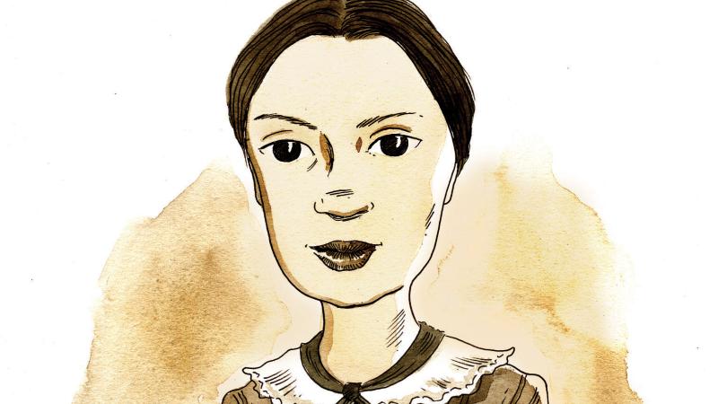 Color illustration of Emily Dickinson sitting with her hands crossed over a book.