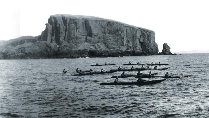 Several small boats with rowers, on the water, off the coast of an island with a large plateau