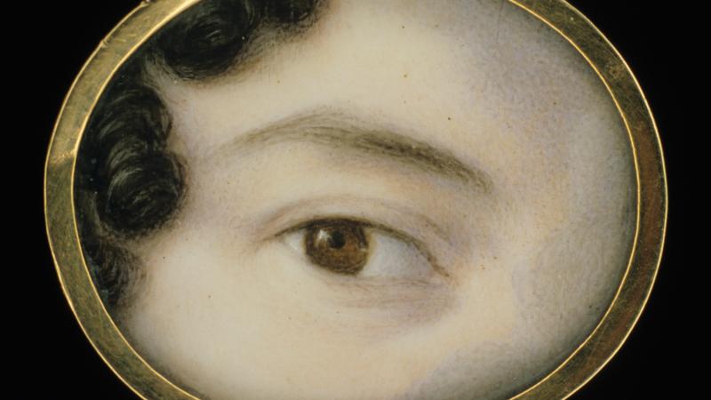 close up of a woman's brown eye, framed by a thin dark eyebrow and pale skin