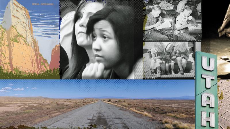 collage of photos showing students, rock formations, an open road, and a cracked stone path