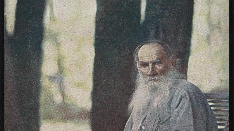 Tolstoy in a blue shirt and boots, long white beard, sitting under trees on a wood bench