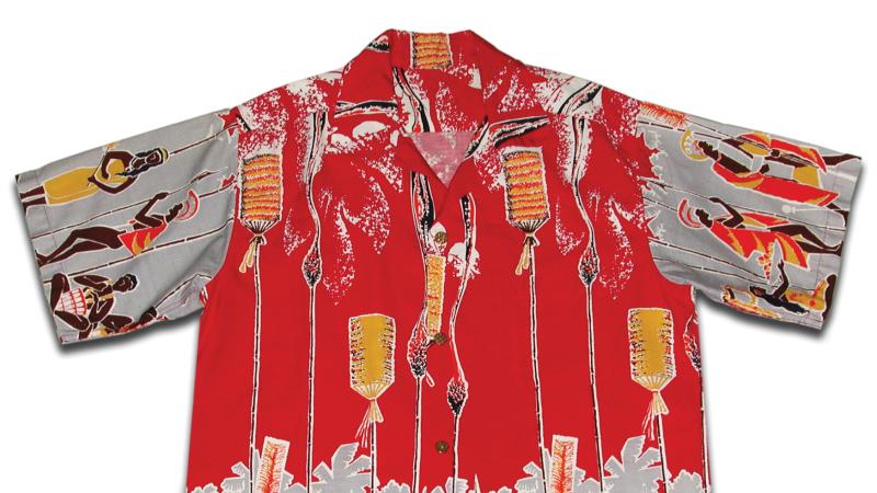 Short sleeved, collared red shirt with a design of Hawaiian chiefs holding kahili, traditional staffs topped with feathers